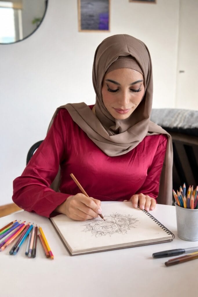 Woman in a tan hijab sketches a detailed floral drawing in a spiral notebook on a white table, with colored pencils nearby.