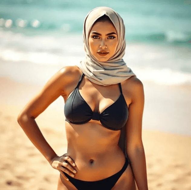 Woman wearing a beige hijab and a black bikini stands on a sunny beach with turquoise water in the background.